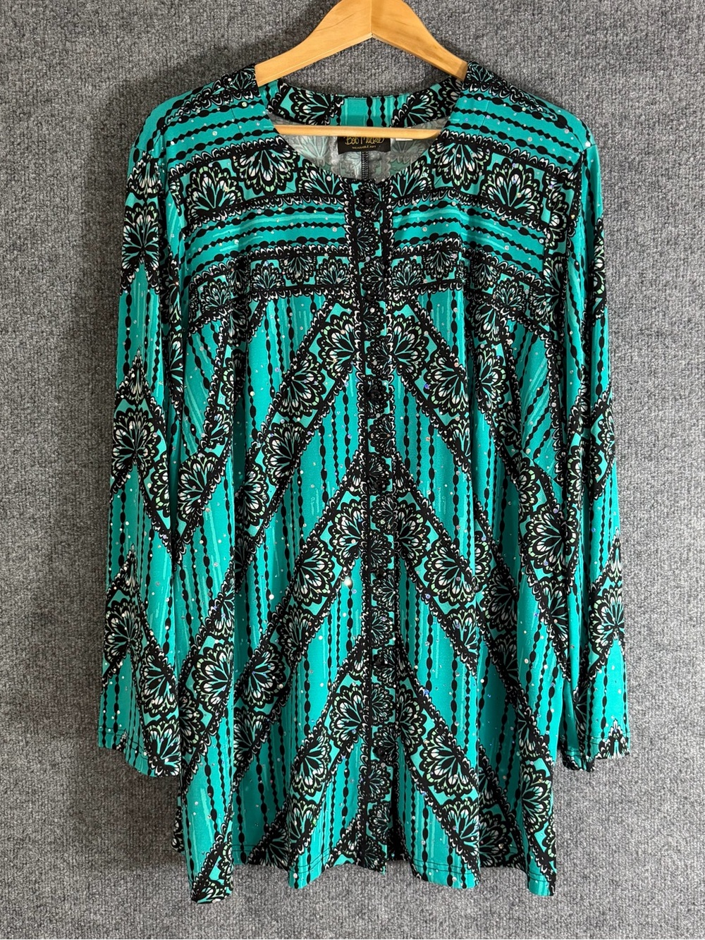 Bob Mackie Wearable Art Printed Button Front Top Size 2X Turquoise Artsy